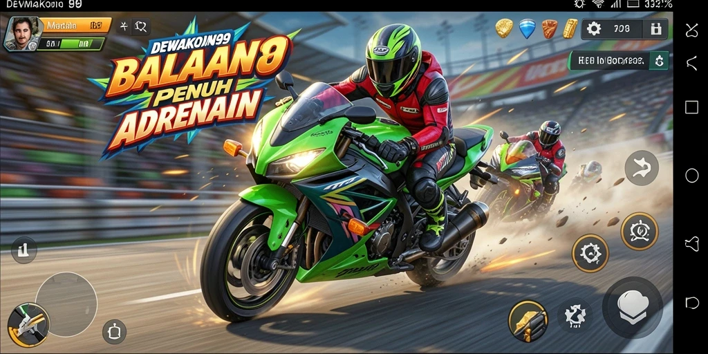 Gameplay seru DEWAKOIN99 dengan balapan motor yang mendebarkan.