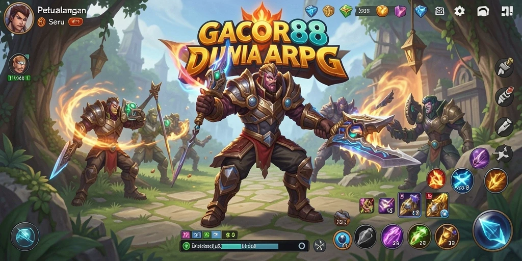 Tampilan utama gameplay GACOR88 menampilkan pertempuran seru di dunia fantasi.