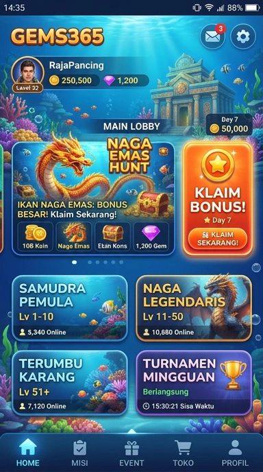 Tampilan utama gems365 dengan banyak pilihan aplikasi.